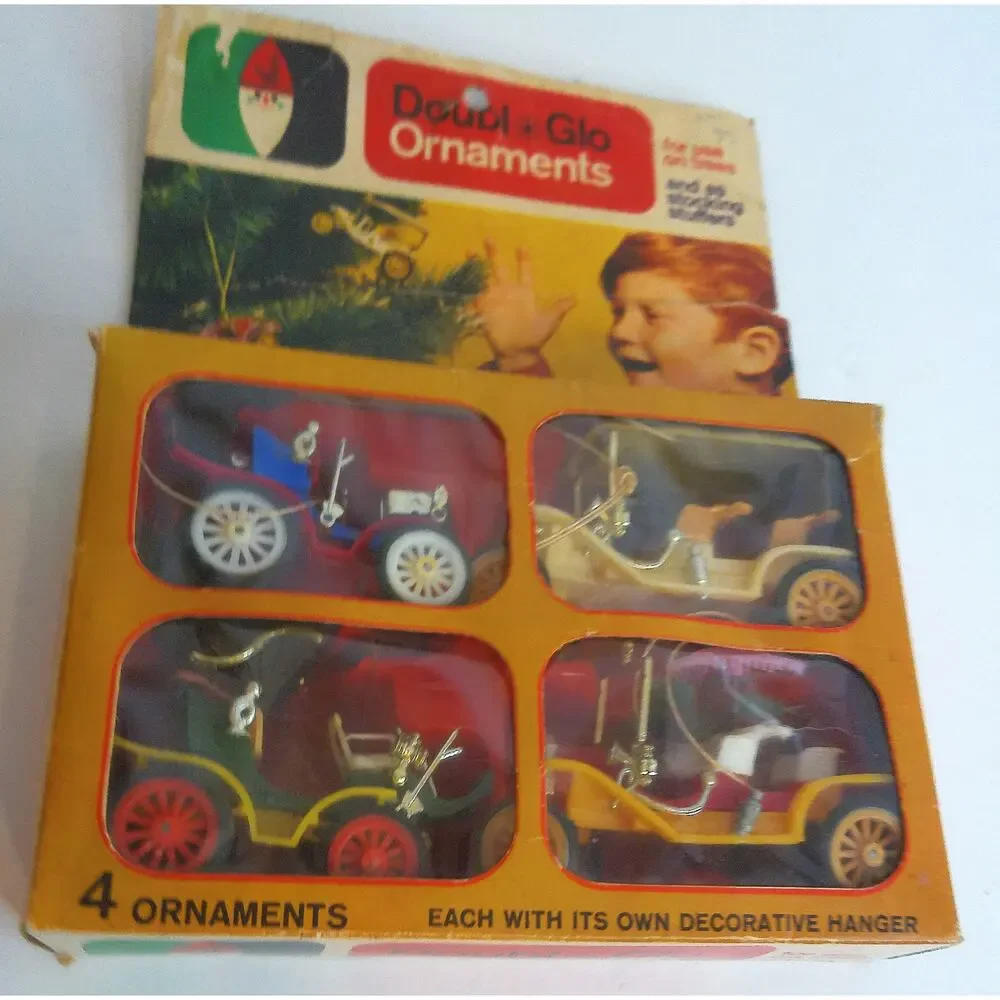 Vintage Doubl-Glo Antique Car Christmas Ornaments Set Of 4